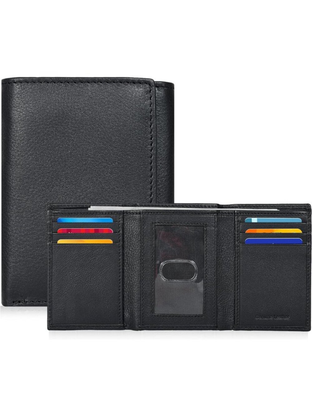 Slim Minimalist Real Leather Men's Trifold Wallet - RFID Blocking, ID Window